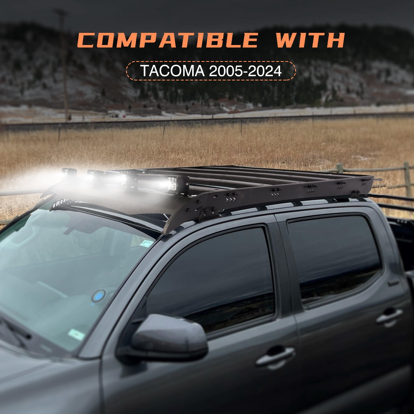 TOKMOWIN Top Roof Rack Cargo Carrier Fit Toyota Tacoma 2005-2023 Double Cab,Roof Rack Luggage Crossbars Come with 4 X 18W LED Lights