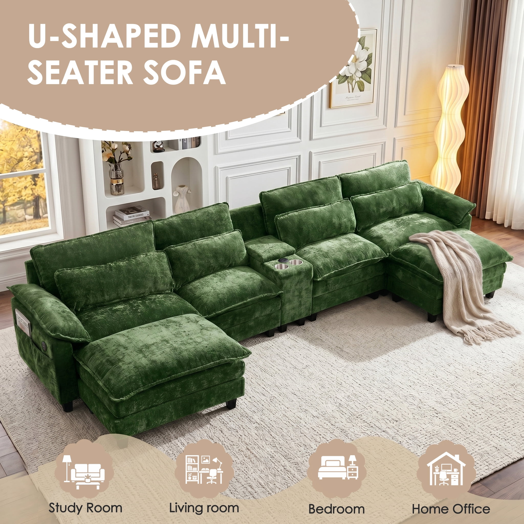AISWORD U Shaped Cloud Couch Sectional, Oversized Modular Sofa with USB Charging, Hidden Storage, Cup Holders & Double Chaise for Living Room, Green