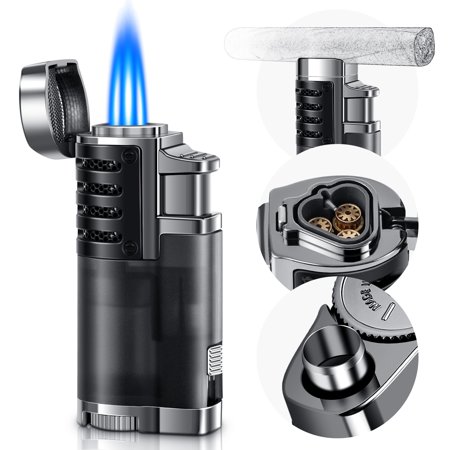 LcFun 2 Pack Triple Jet Torch Lighter with Cigar Punch Cigar Rest Cigarette Lighter Visible Gas Tank Adjustable flame - Gas not Included