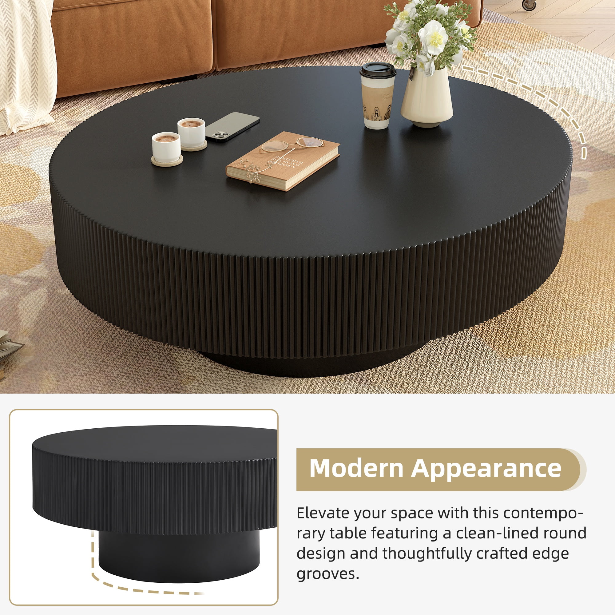 Euroco Elegant Easy Assembly Round Coffee Table with 6.8" Thick Tabletop, Modern Drum End Table, Minimalist Fluted Center Table with Sturdy Base for Living Room, Black, 31.5"W*13.7"H