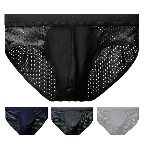 zeranth Men Briefs Mid-rise Elastic Waist Mesh Stitching Ice Silk Panties Breathable Solid Color U-Convex Underwear Daily Wear