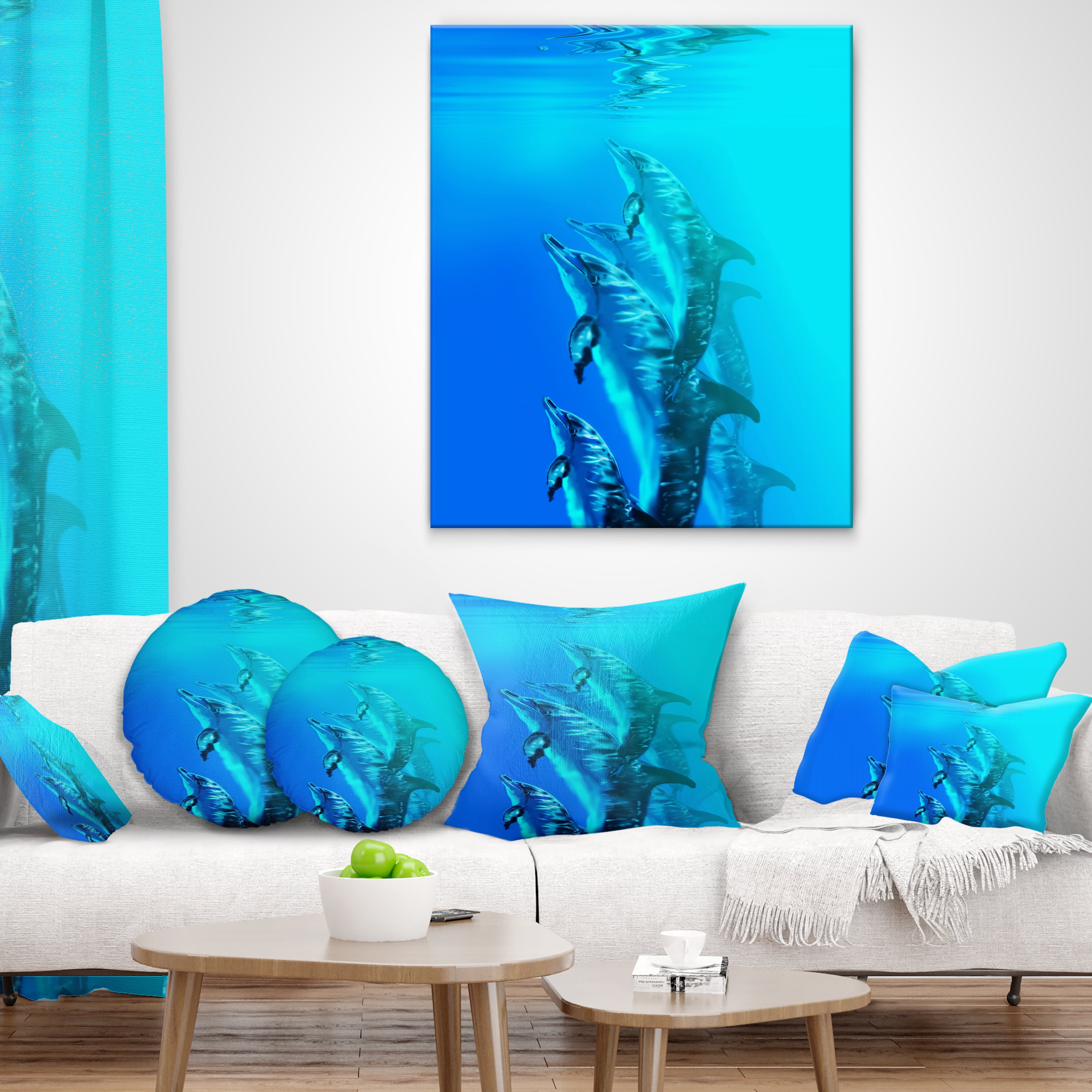 Designart Dolphin in Blue Sea - Seascape Throw Pillow - 12x20