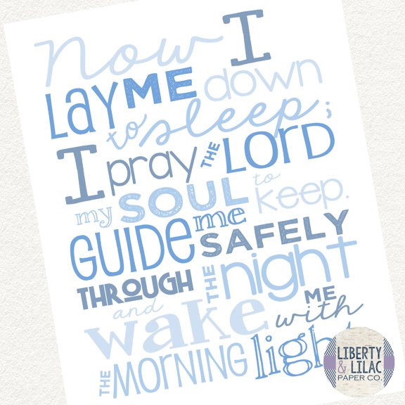 Baby Boy Nursery Art Now I Lay Me Down to Sleep Bedtime Prayer Christian Art Bible Verse Blue and White Baby Shower Gift Christening Gift Baptism Gift 8x10