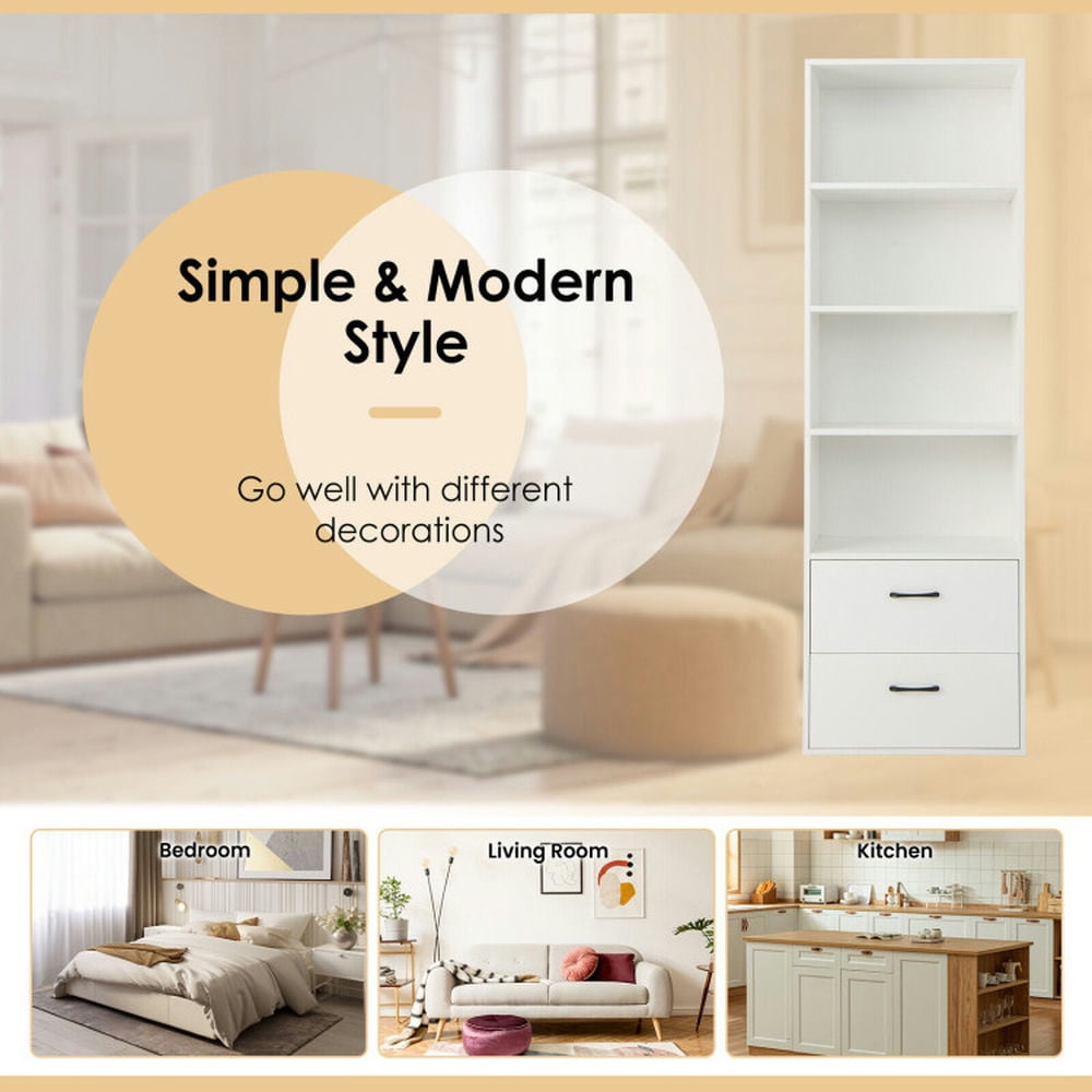 Demi Bonn 6-Tier Tall Freestanding Bookcase with 4 Open Shelves and 2 Drawers, White