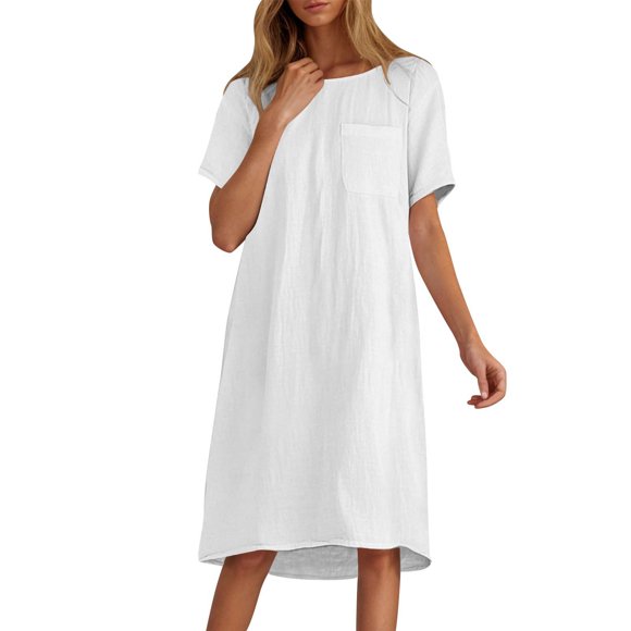 Annhoo Plus Size Dresses for Women 2025 Cotton Linen Crew Neck Short Sleeve Loose Casual Midi Dresses with Pocket
