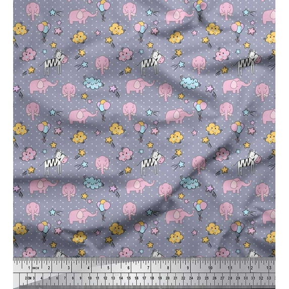 Soimoi Velvet Fabric Cloud,Star & Cute Elephant Kids Printed Craft Fabric by The Yard 58 Inch Wide