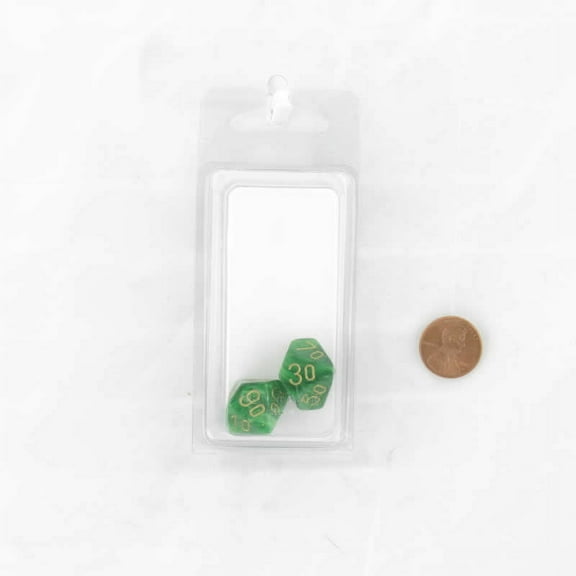 Green Vortex Dice with Gold Numbers 10s D10 Aprox 16mm (5/8in) Pack of 2 Wondertrail