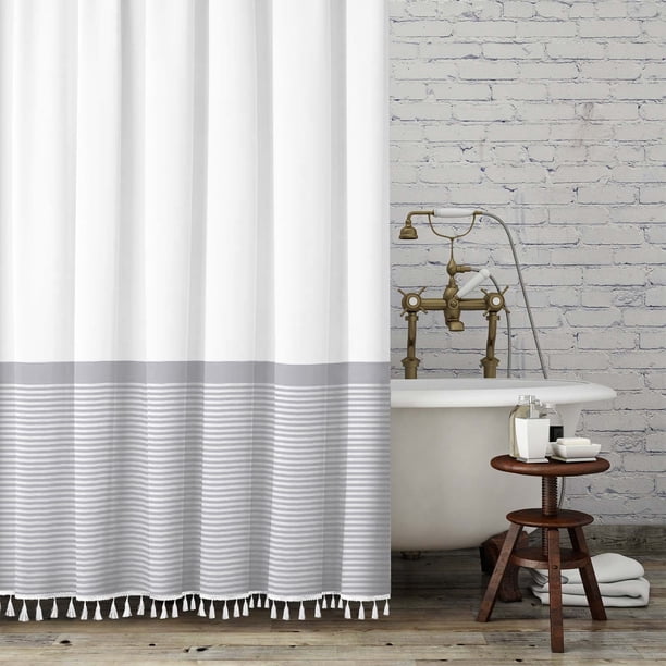 Cortina de ducha Seasonwood con borla extralarga, color blanco y gris