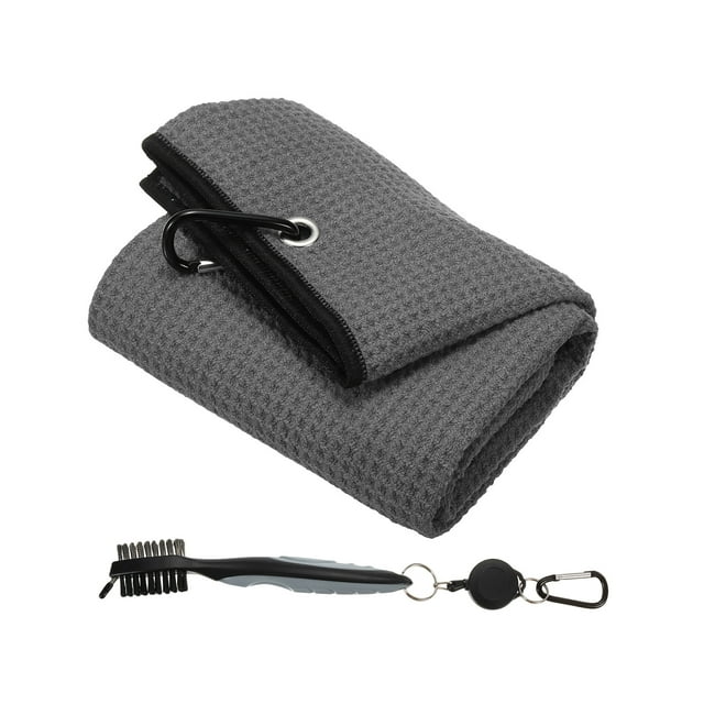 Uxcell 20"x16" Tri-Fold Golf Towels Microfiber Waffle Pattern Golf Bag Towels & Brush Tool Kit Gray