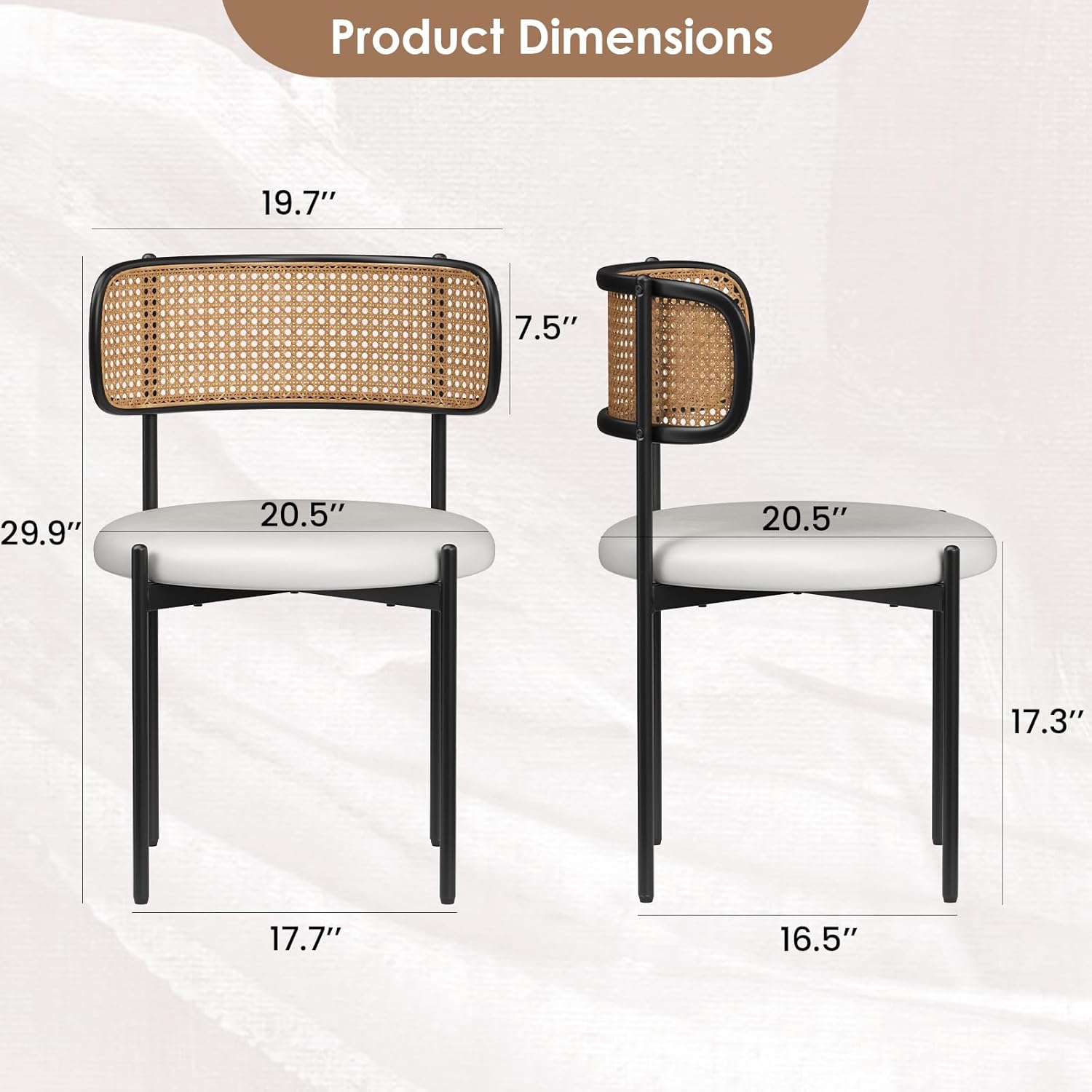 Farini Dining Chairs Set of 4, Upholstered PU Leather & Woven Rattan Side Chairs with Metal Legs for Kitchen, Dining Room, or Cafe, Beige