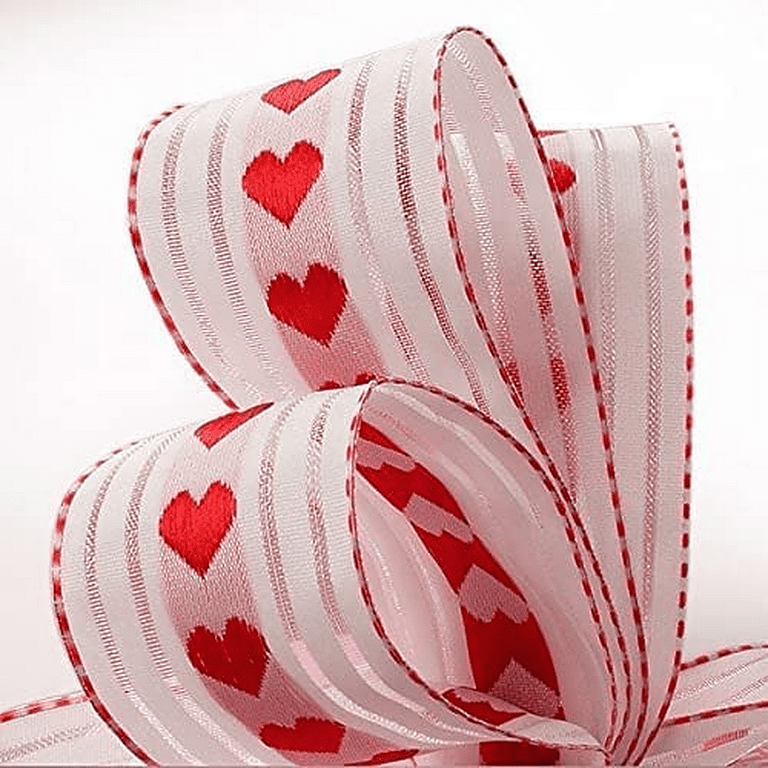 2-1/2'' 5.5 Yards Valentine Ribbon Wired Pink Heart Printed Burlap Ribbons for Wreaths (White and Pink Heart)