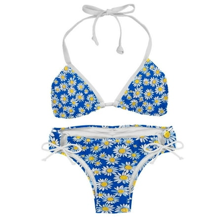 Women s Two Piece Halter Neck Bikini Swimsuits Padded Art White Daisy Florals Print Swimwear Bathing Suits