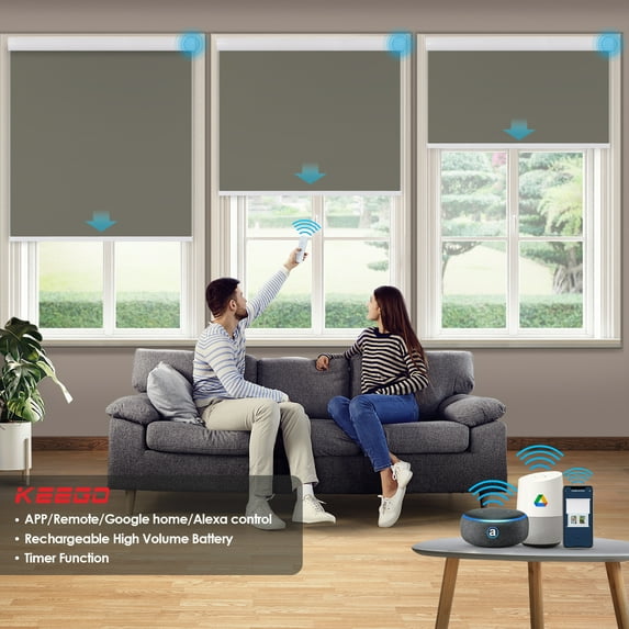 Keego Motorized Shade Remote Control App Control Voice Control Silent Rechargeable Blackout Roller Blinds Auto Window Blinds Dim Gray,50.5"w x 76"h