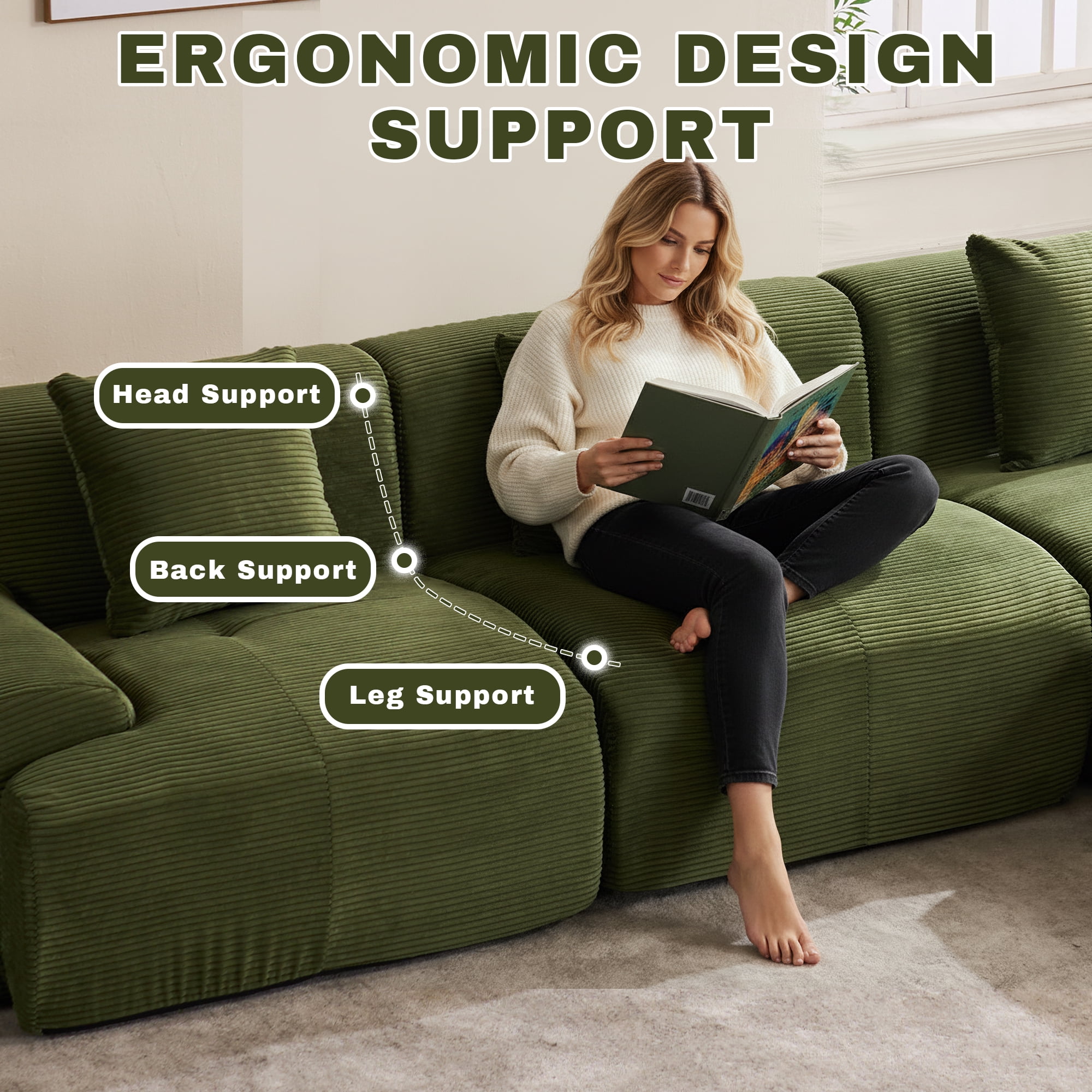 GAOHAPY 107"Modern L Shaped Modular Sectional Sofa, Oversized Corduroy Couch Deep Seat, Boneless Cloud Couch with Ottoman, 30D Sponge for Indoor Living Room, No Assembly Required(Green)
