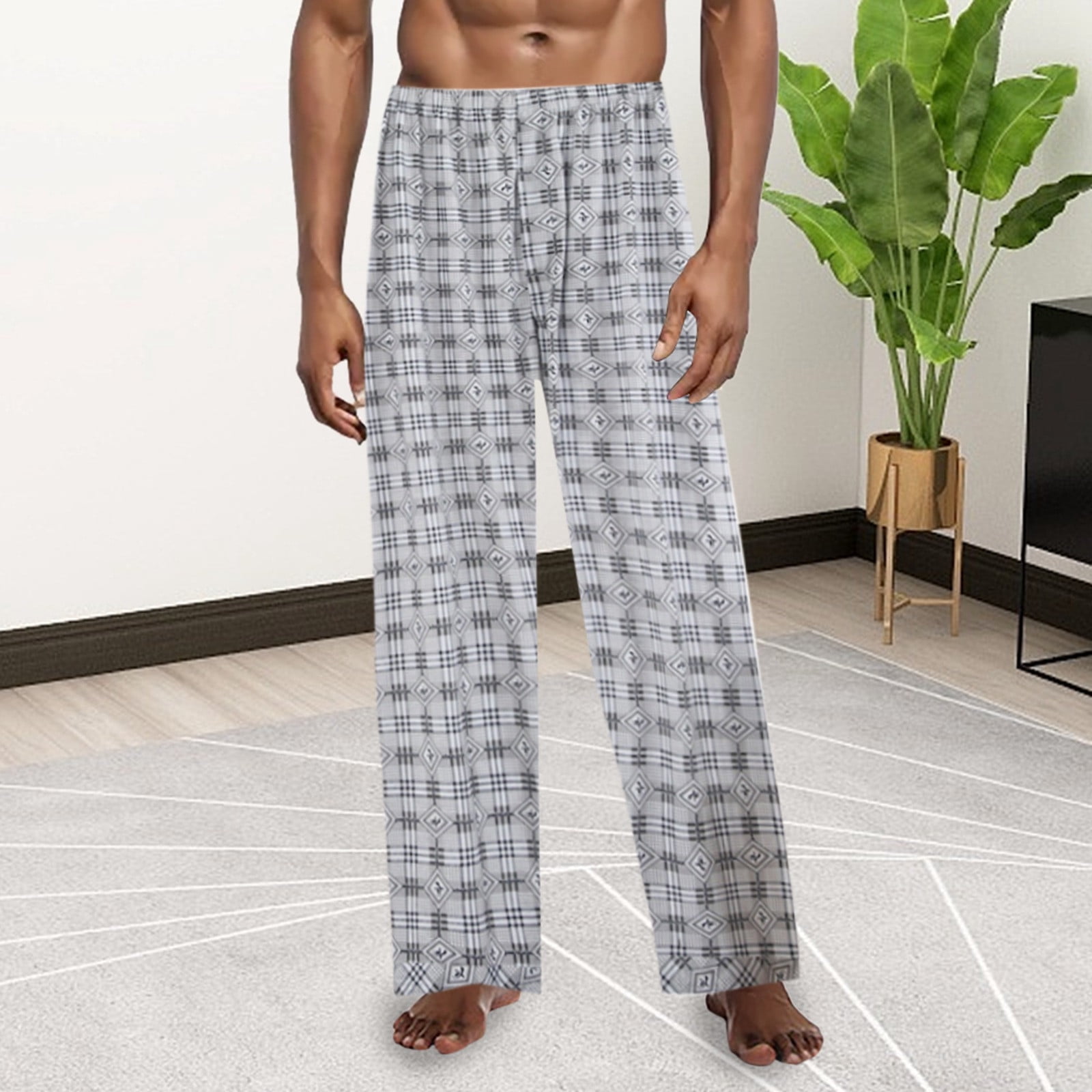 Mens Pants Adult Male Pleated Mens Pants Men s Pajama Pants Plaid Pants Lightweight Mid Waist Sleep Pant with Big Pockets Clothes Silver XXL