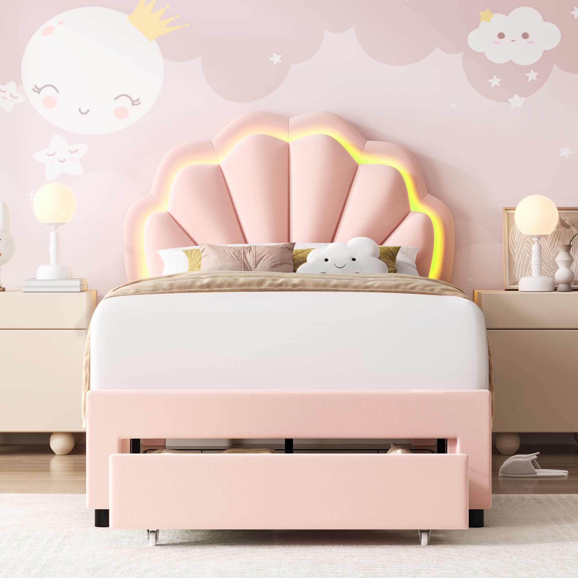 Homfa Twin Size LED Bed Frame with Drawer, Velvet Upholstered Platform Bed with Adjustable Petal Headboard for Kid, Pink