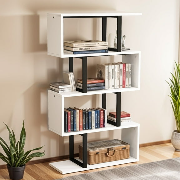 Dextrus 5-Tier S-Shaped Bookshelf, Modern Geometric Bookcase with Open Shelving for Home & Office, White