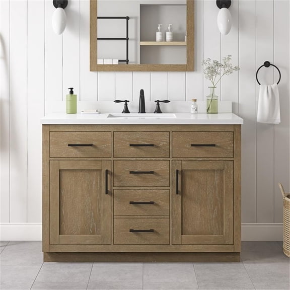 Pemberly Row 48" Bathroom Vanity in Driftwood Oak with White Countertop