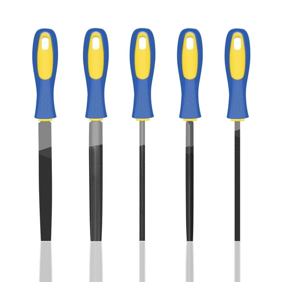 5Pcs 6'' High Carbon Steel File, Rasp Set with Soft Rubber Non-slip Handle, Round/Half Round/Flat/Triangle/Squre, Grinding Hand Tool Set for Wood, Metal, Plastic, etc.