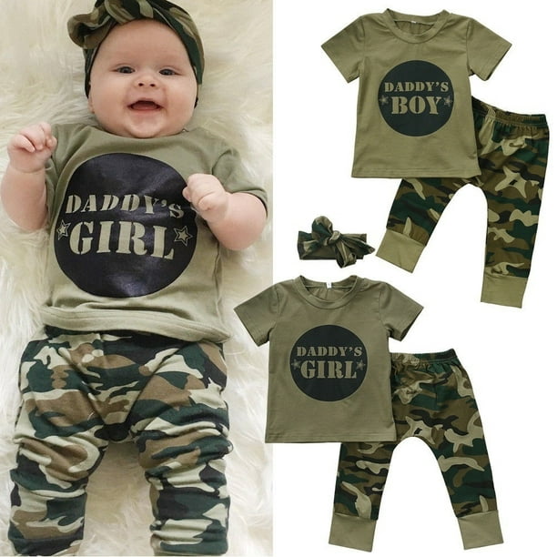 Fashion Kids Infant Baby Boy Girl Daddy's Camo T-shirt Tops Pants  Casual Outfits Set Clothes 