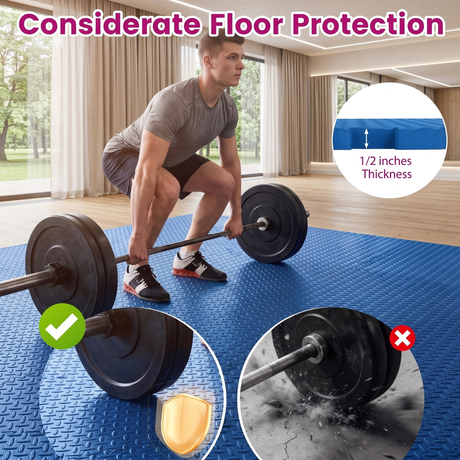 Airfind 12 Tiles Puzzle Exercise Floor Mat with Interlocking EVA Foam and Non-Slip Texture for Home Gym Equipment Protection, Blue