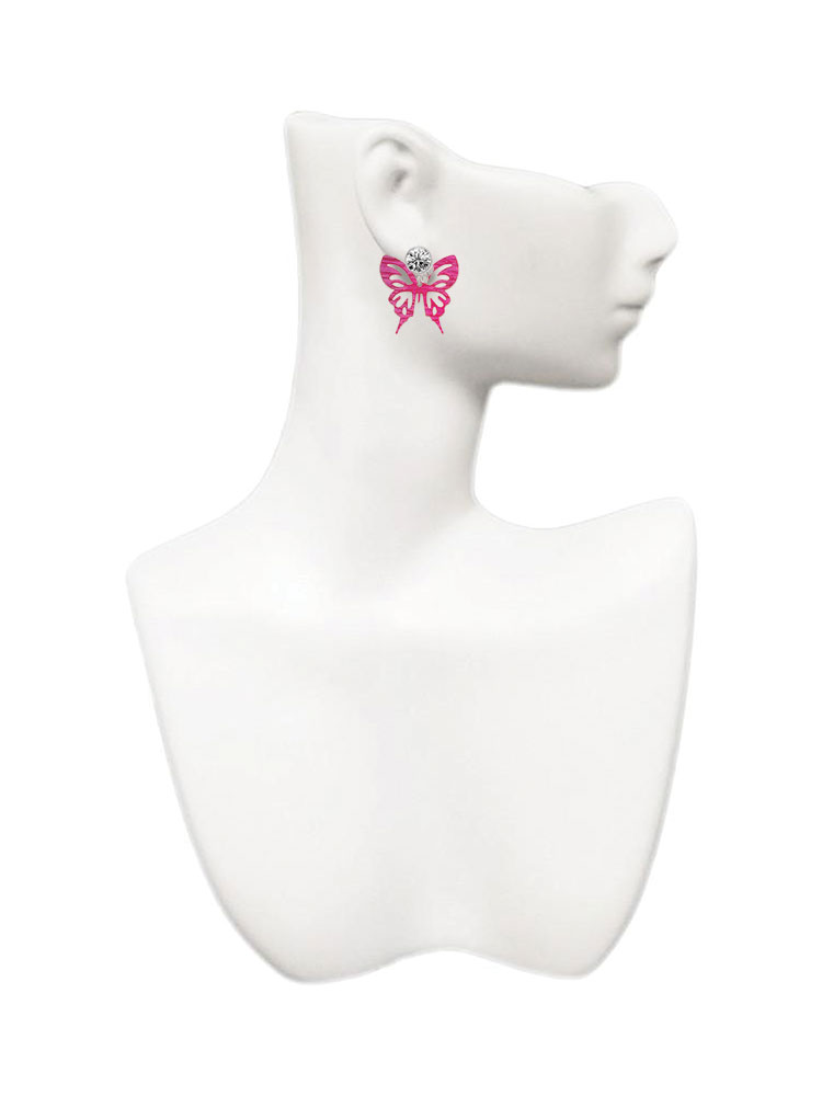 Acrylic Medium Cut Out Butterfly Magenta Clear Crystal Clip On Earrings