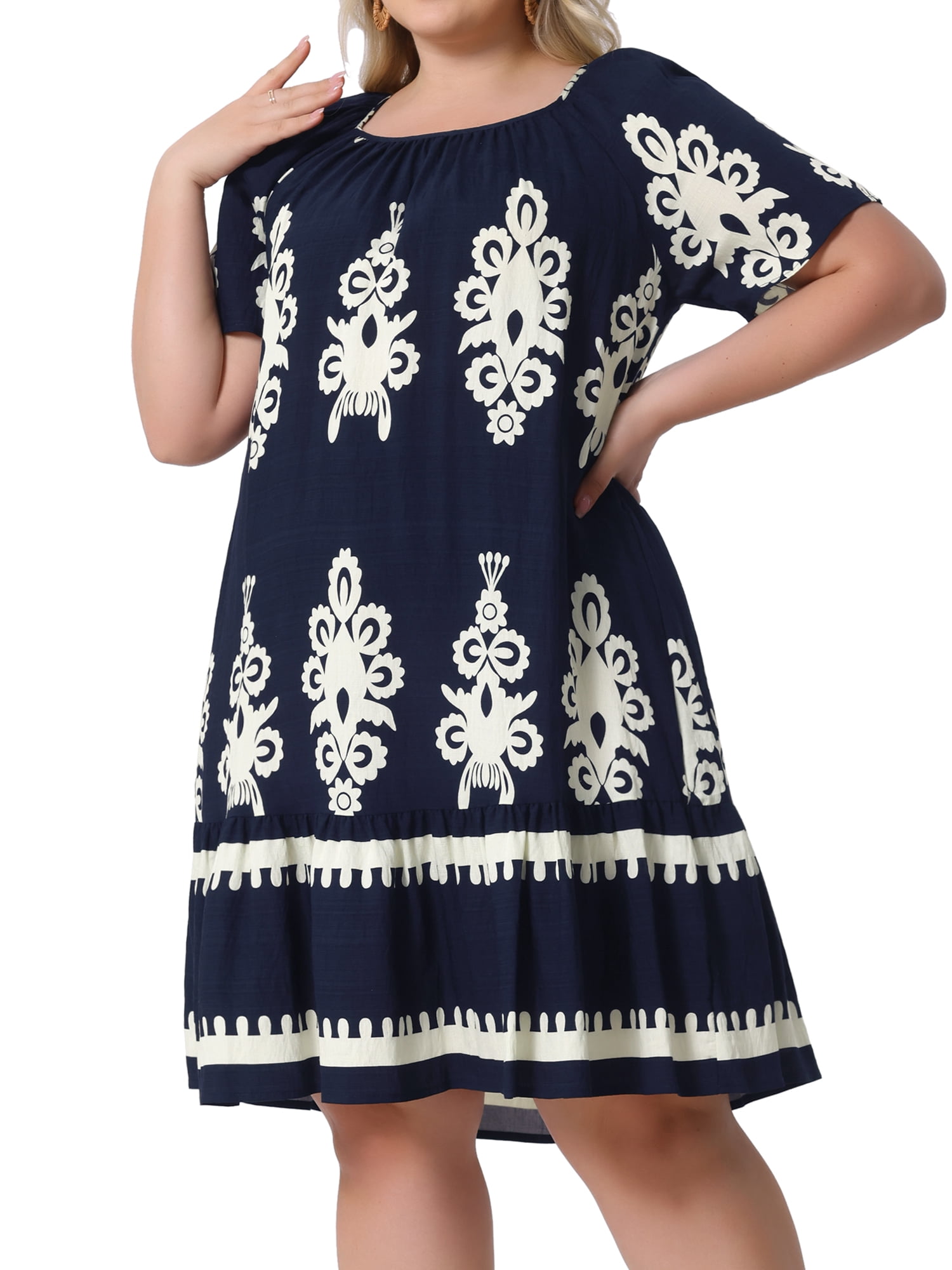 DARING DIVA Plus Size Summer Boho Short Sleeve Flared Midi Dress 4X Blue