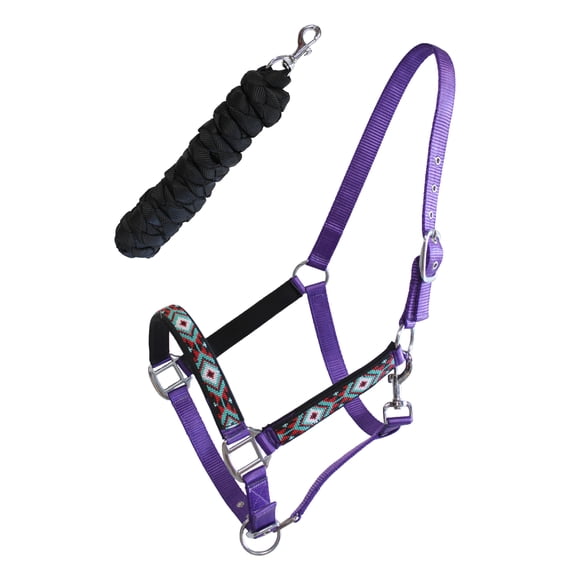 Nylon Horse Padded Beaded Inlay Halter w/ Lead Rope Purple 606175PR