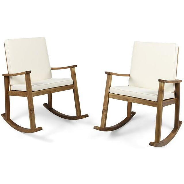 Noble House Candel Outdoor Wood Rocking Chair Cushion Teak/Cream (Set of 2)