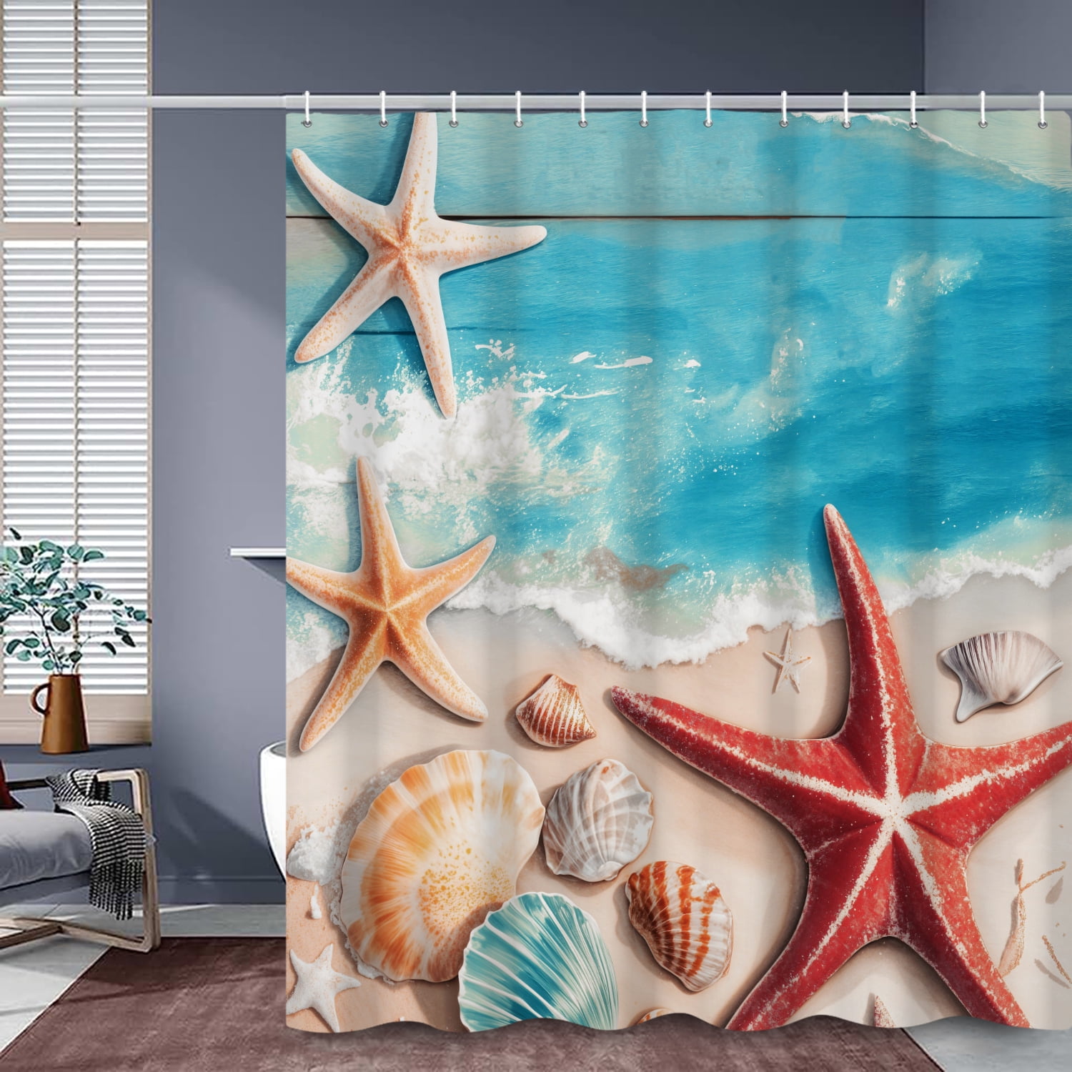 SUNOLIFE Ocean Beach Theme Shower Curtain,Nautical Coastal Seashell Starfish Bathroom Curtain with Hooks,72x72 in