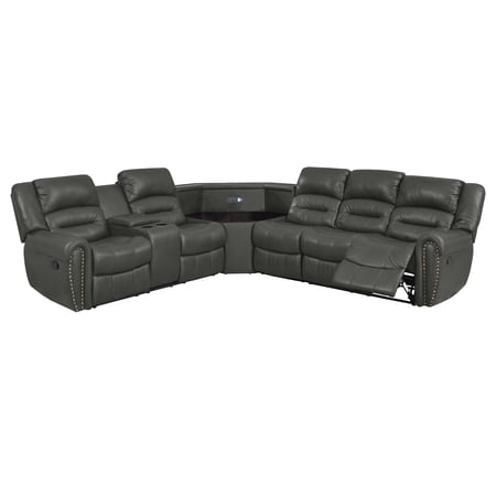 Nathaniel Home PU Leather Sectional Sofa Set, Reclining Couch for Living Room with Cup Holders, Love Seat with Wedge Wood Table, 5 Seater Theater Seating with Storage, Light Black