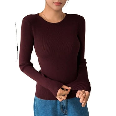 Casual solid Round Neck Basic Tops Long Sleeve Burgundy Women Sweaters (Women's)