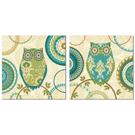 12x12 Patterned - Groovy Teal, Brown, and Green Decorative Patterned Owls by Veronique Charron; Two 12x12 Poster Prints