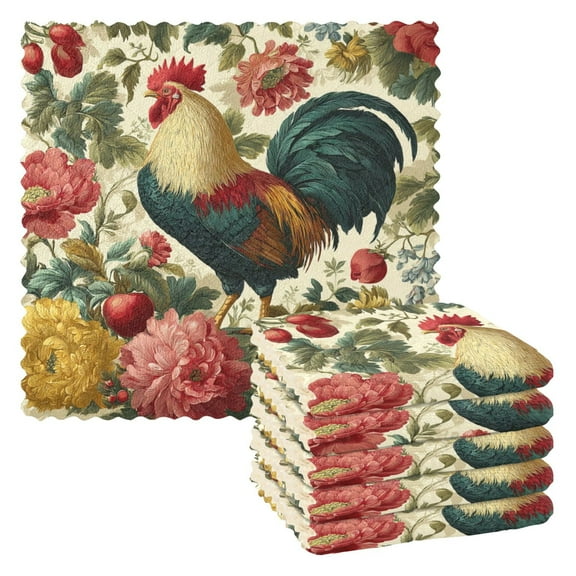 6PCS Dish Towels and Dish Cloths Reuseable Dishcloths Sets for Washing Dishes, Cooking, Baking Size 11" x 11" Rooster and Vintage Floral
