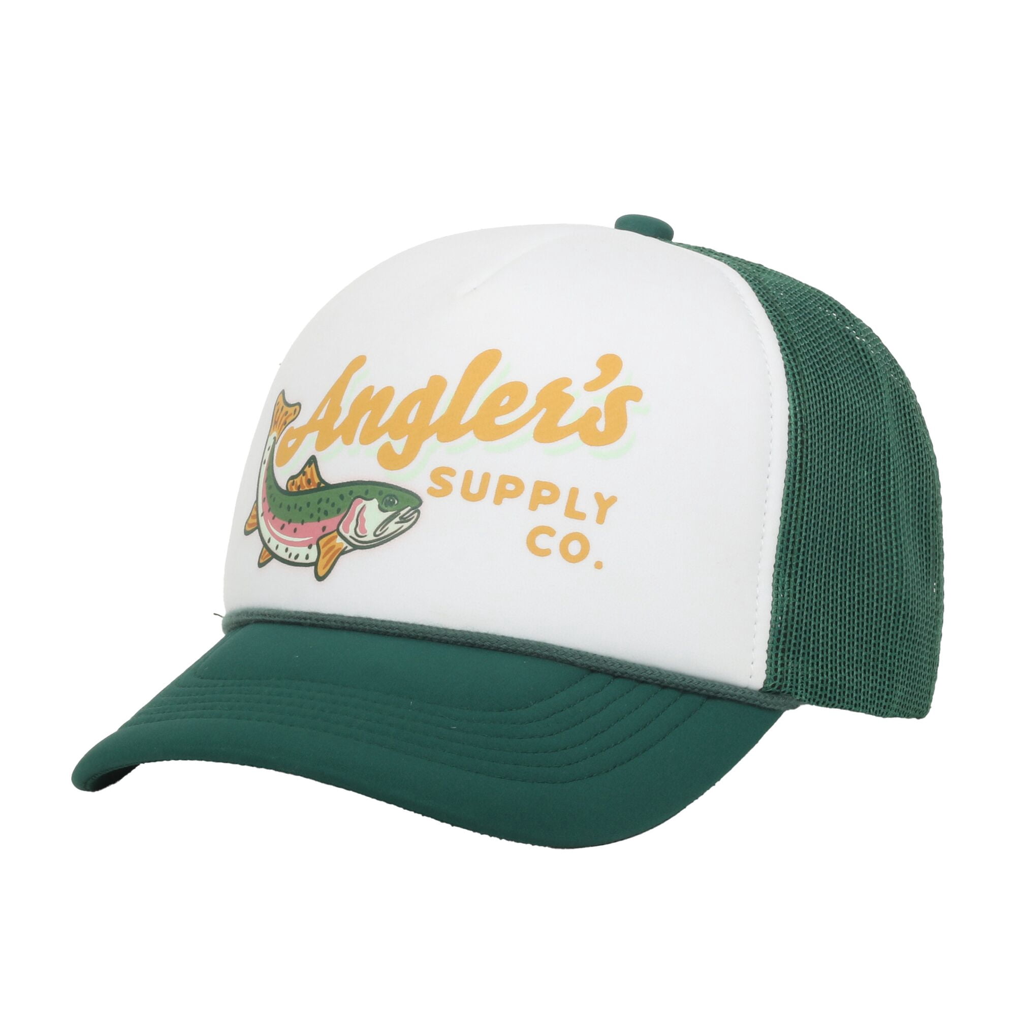 Outdoor Cap Angler's Supply Co. 5-Panel Structured Trucker Hat – Screen Print Meshback Cap, White/Green, One Size