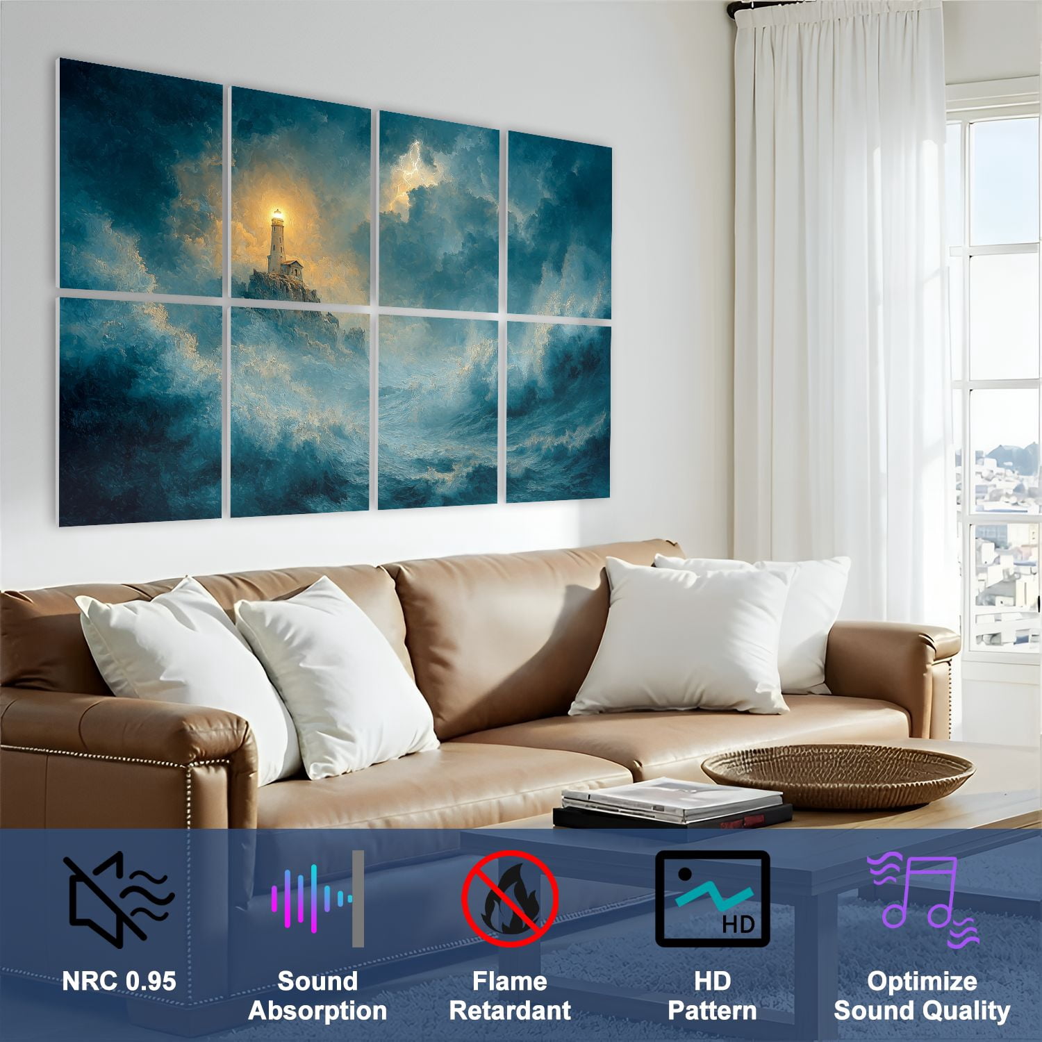 8 Pack Art Acoustic Panels Sound Absorbing Stormy Seascape Lighthouse Amidst Massive Waves Painterly Decorative Soundproof Wall Panels Self Adhesive for Nursery Game Room Bedroom 48"x32"
