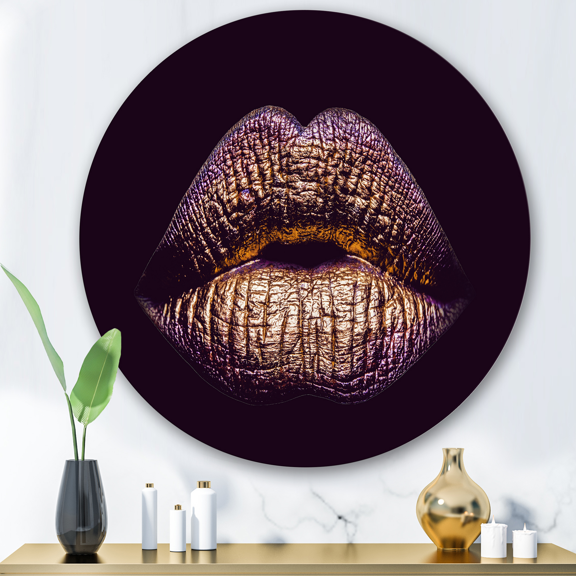 Designart 'Sexy Golden Metallized Woman Lips III' Modern Circle Metal Wall Art 29x29 - Disc of 29