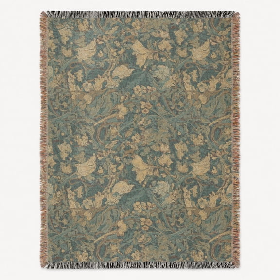 Muted Teal and Beige Vintage Botanical Floral Woven Blanket, 100% Cotton, Traditional Style for Living Room