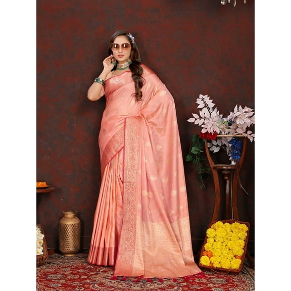 Designer Peach Weaving Zari Tassel Pallu Work Silk Saree