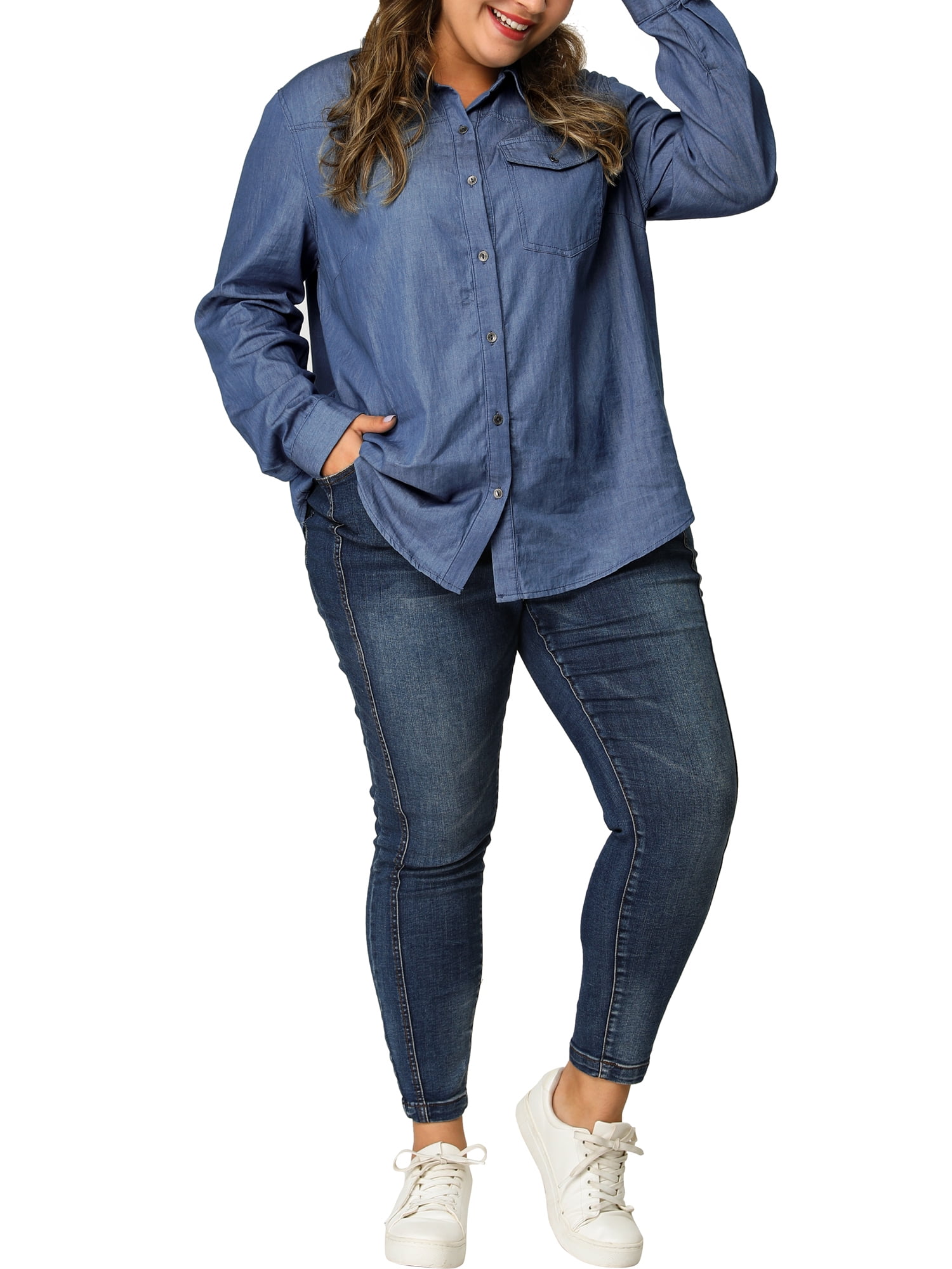 DARING DIVA Women's Plus Chest Pocket Long Sleeve Denim Chambray Shirt 5X Blue