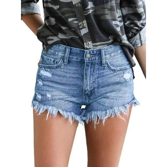 GORHGORH Women Washed Jeans Pockets Solid Color Mid Waist Casual Denim Shorts Ripped Jeans