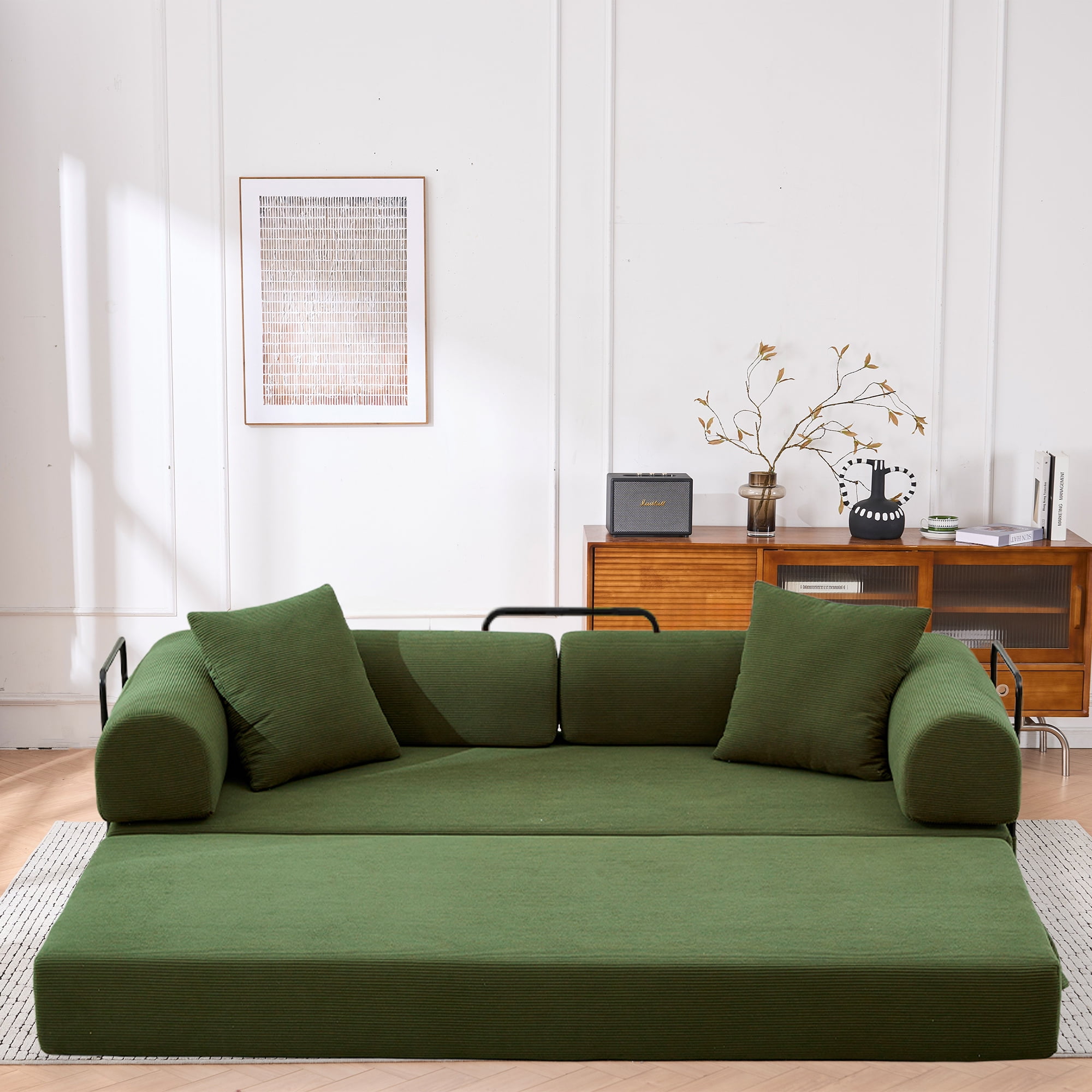 Leumius 4‑in‑1 Futon Sofa Bed,Modular Corduroy Sofa Couch with Fixed-Shape Frame & Removable Armrests,Folding Mattress Couch for Living Room, Office, Apartment,Green