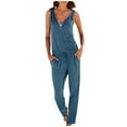 thumbnail image 4 of Wycnly Womens Jumpsuits Casual Zipper Elastic Waist Pocket Jumpsuits Overalls with Drawstring Trendy Solid V-Neck Sleeveless Long Summer Rompers Blue xl, 4 of 5