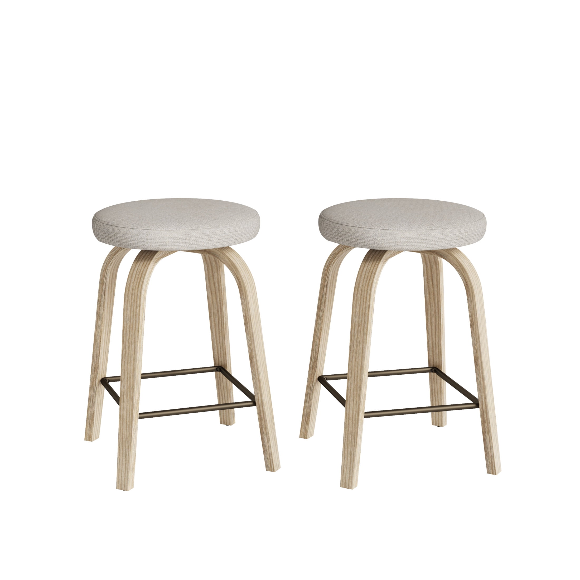Noble House Florin 26" Swivel Backless Counter Height Bar Stools with Upholstered Seat & Bentwood Legs, Beige, Set of 2