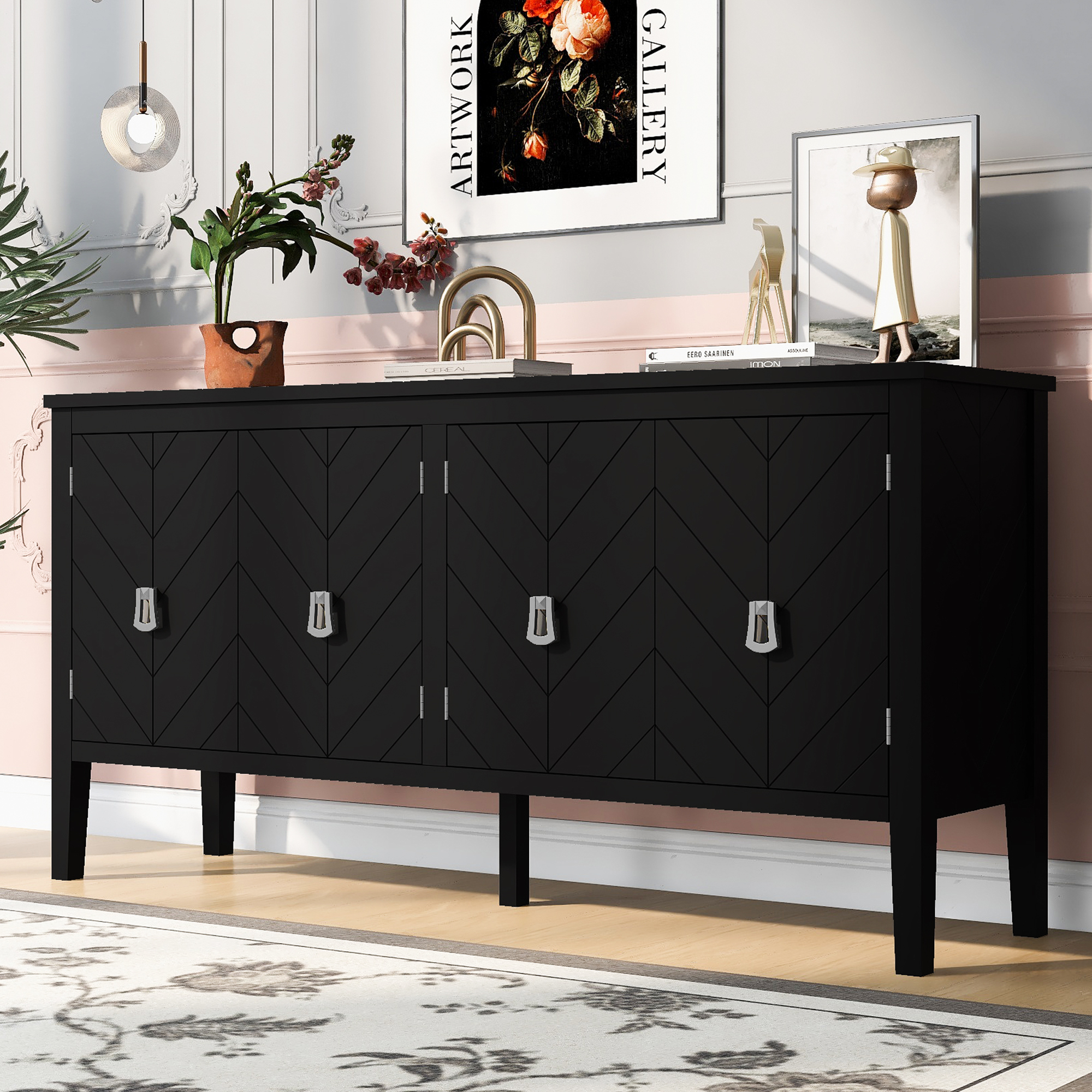 Euroco Wood Sideboard Buffet Cabinet,63" Narrow Entryway Table offee Bar Console Table with Metal Handles for Kitchen Entryway,Black