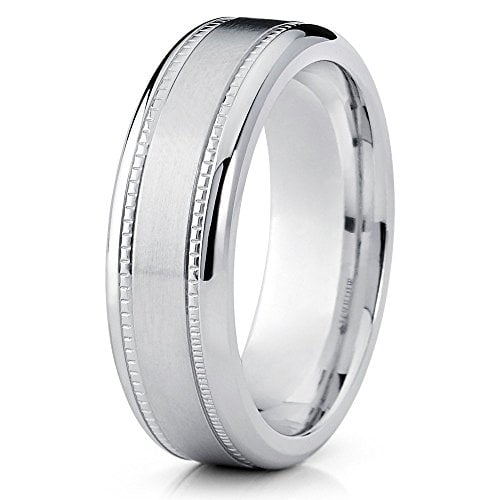 8mm Titanium Wedding Band White Titanium Ring Brushed Finish Milgrain Design Beveled