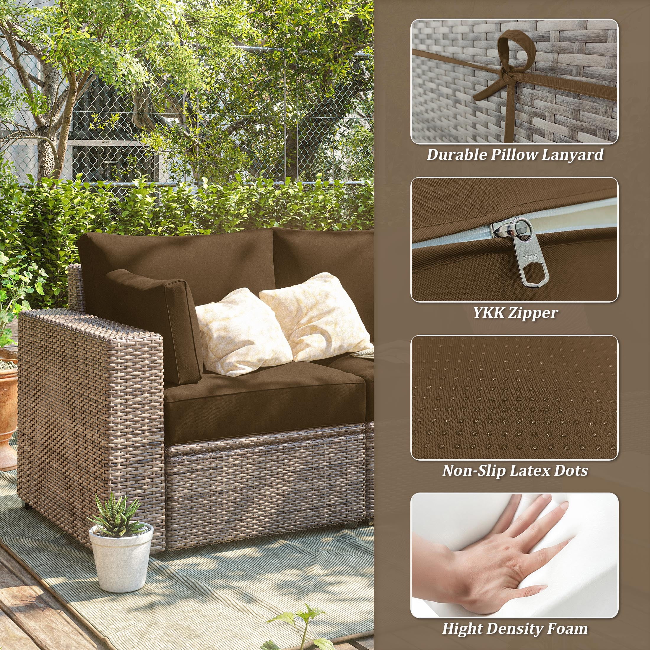 Pakunoda Outdoor Cushions Replacement, 8 Piece Sectional Cushion Fits 3-Seat, 4” Foam Deep Seat, for Patio Rattan Wicker Replacement Cushion, Liner&Cover, Chocolate