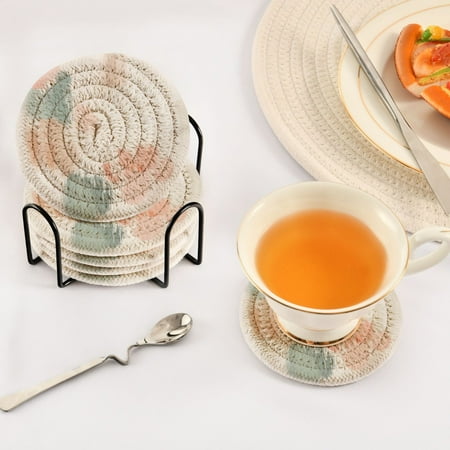 

Pastel Color Pattern Set of 6 Durable Woven Polyester Coasters with Black Storage Rack 4in