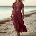thumbnail image 2 of ZVAVZ Robes Maxi d'Été pour Femmes 2025 Manches Courtes Robe en Coton Lin Coupe Ample Décontractée Col en V Robe de Plage Vacances Vin,4TG, 2 of 7