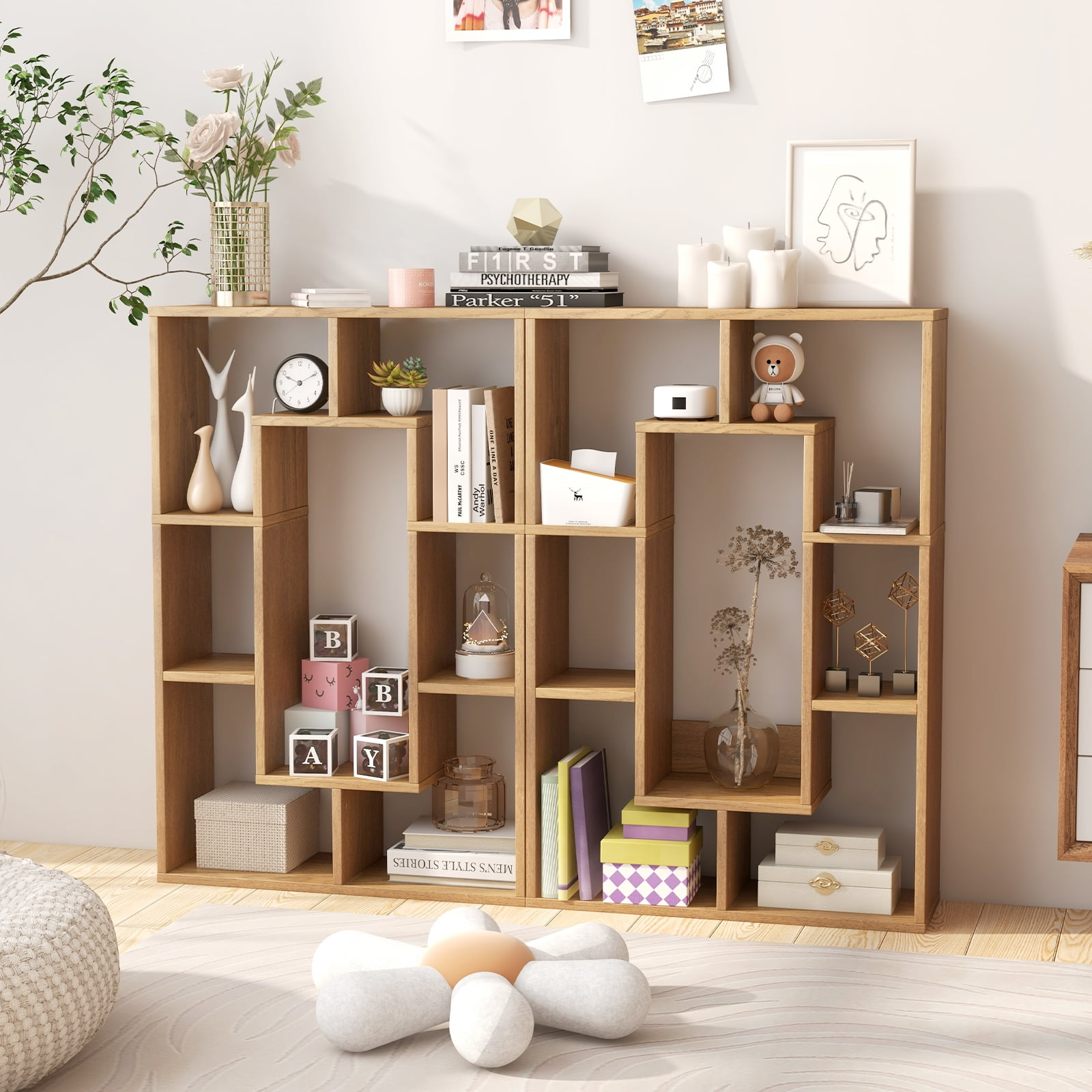 Topbuy 35.5” Geometric Bookshelf Open-back Bookcase w/ 7 Cubes Free-standing Storage Shelf Unit w/ Anti-Toppling Devices Natural